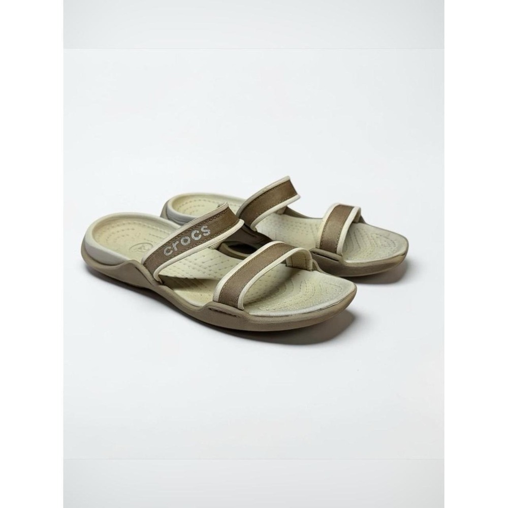 Crocs Womens Reviva Sandals Size 8 Two Strap Open Toe Slip Ons Brown Beach